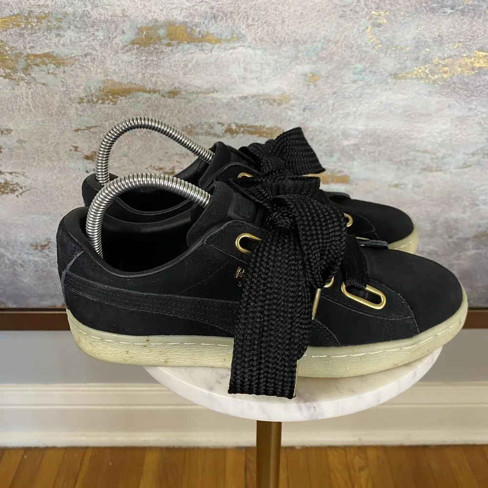 PUMA Suede Shoes Womens Size 8 Black Leather Wide Lace Low Top Sneakers